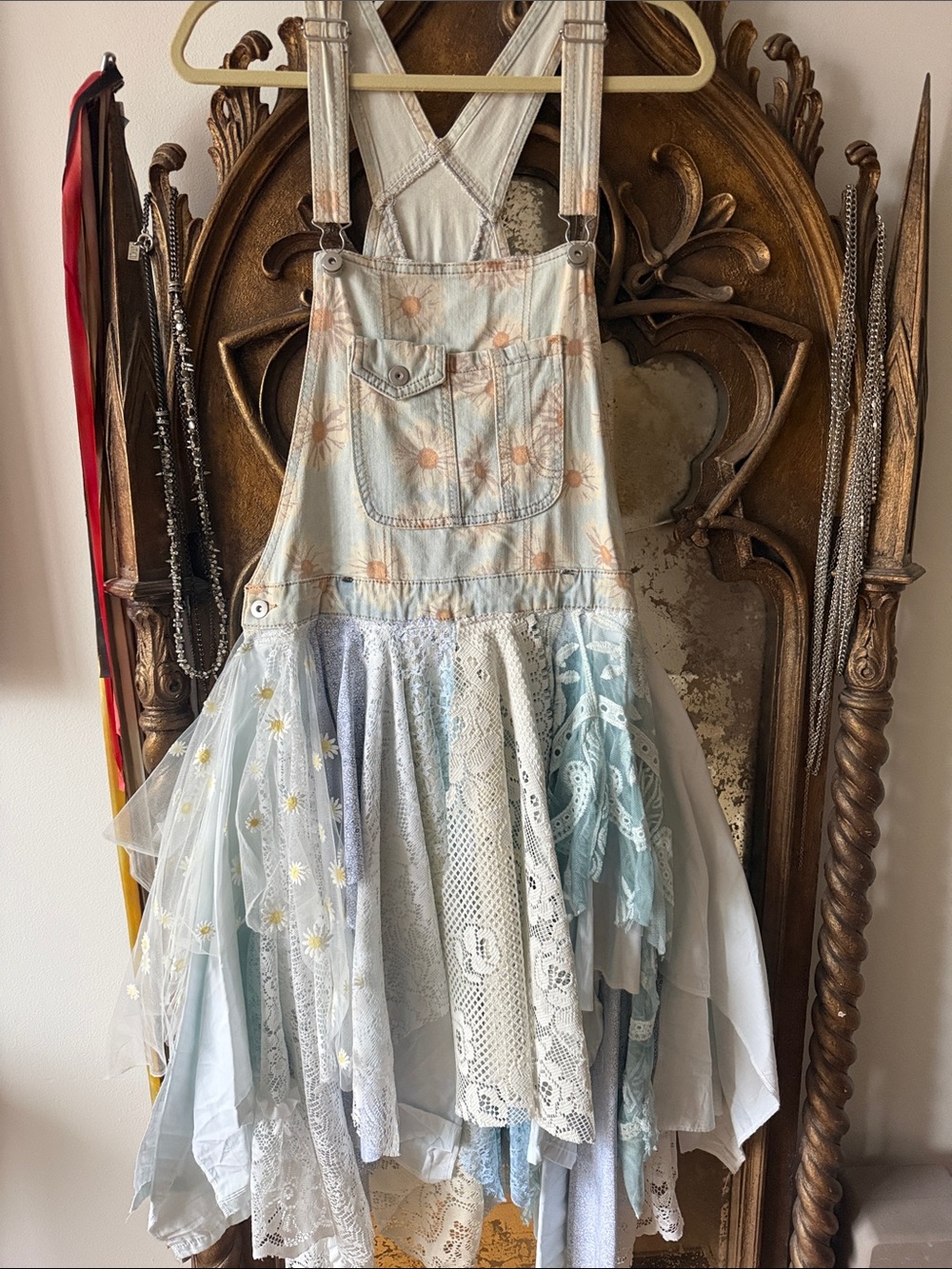 Blue Daisy-Print Overall Dress with Lace Skirt